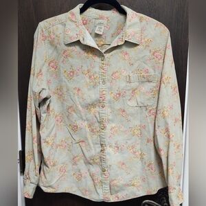 LL Bean Vintage Soft Green Cotton Cord Floral Shirt XL